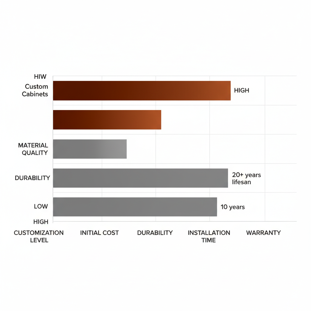 Horizontal bar chart comparing custom and prefab cabinets on customization, quality, cost, durability, installation time, and warranty