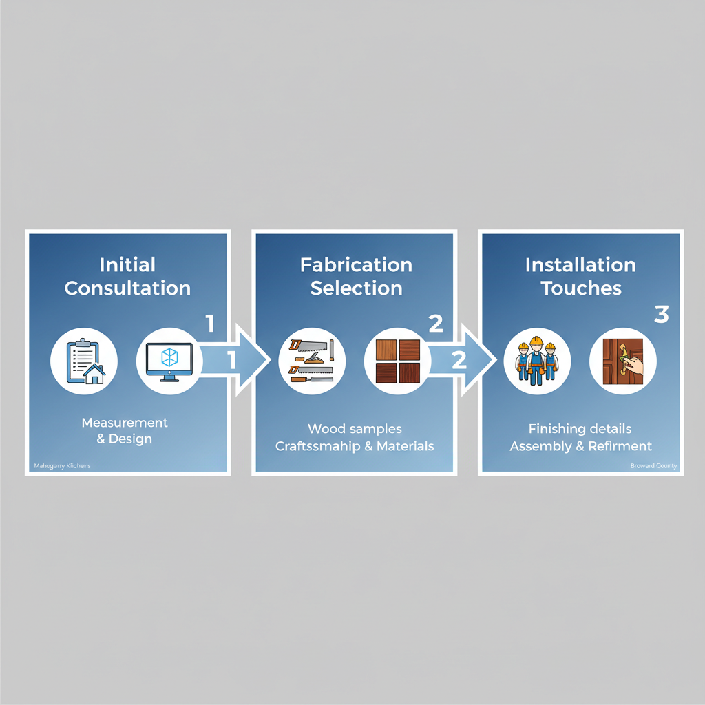 Horizontal process flow diagram illustrating three stages of custom cabinet installation: initial consultation and design, fabrication and material selection, installation and final touches with relevant icons and connections.