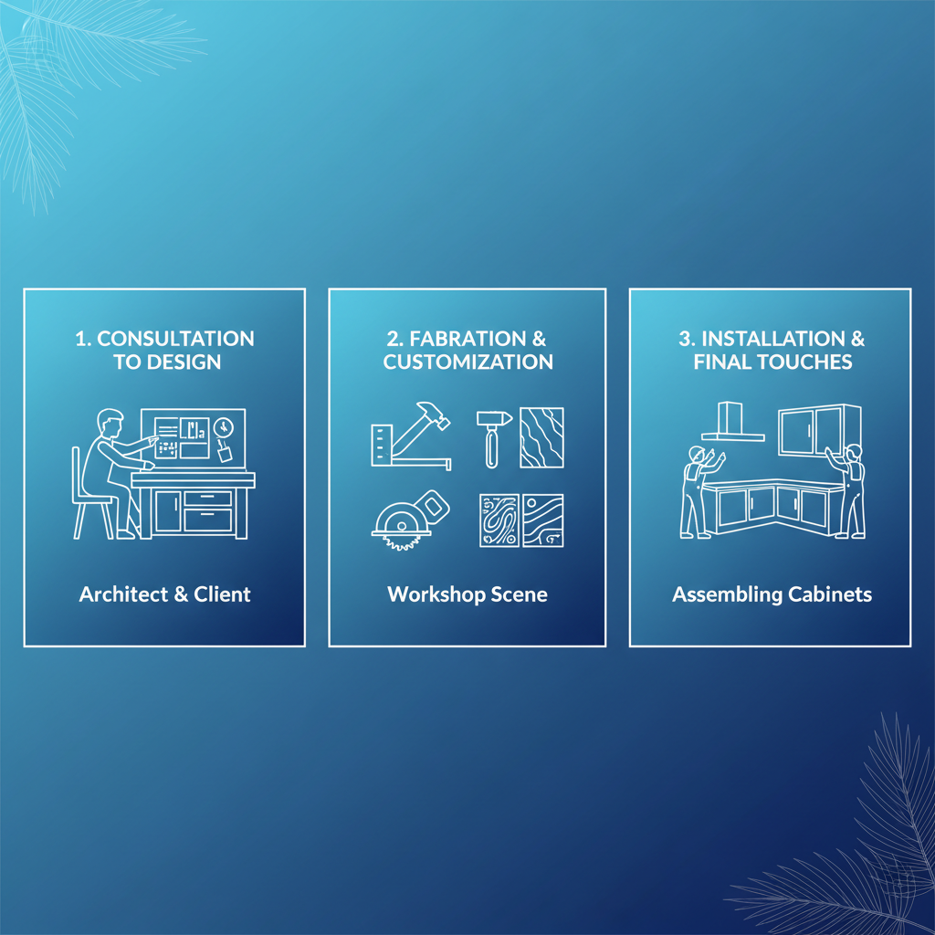 Horizontal process flow diagram illustrating the three main stages of custom kitchen projects in Palm Beach: consultation, fabrication, and installation.
