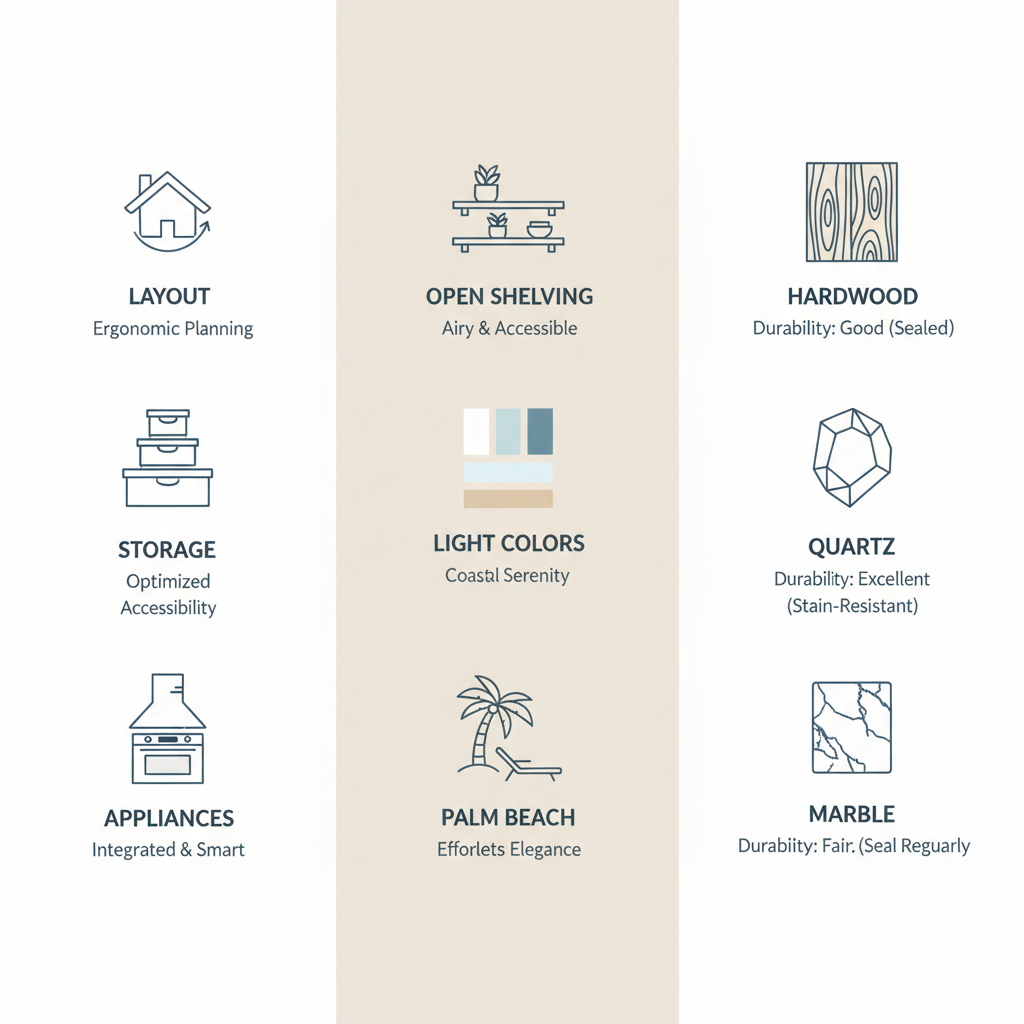 Infographic showing key elements, regional influences, and materials for custom kitchen design in Palm Beach