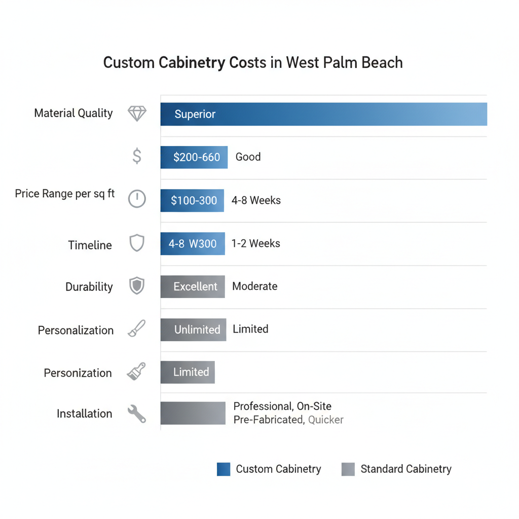 Horizontal bar chart comparing costs and features of custom versus standard cabinetry in West Palm Beach