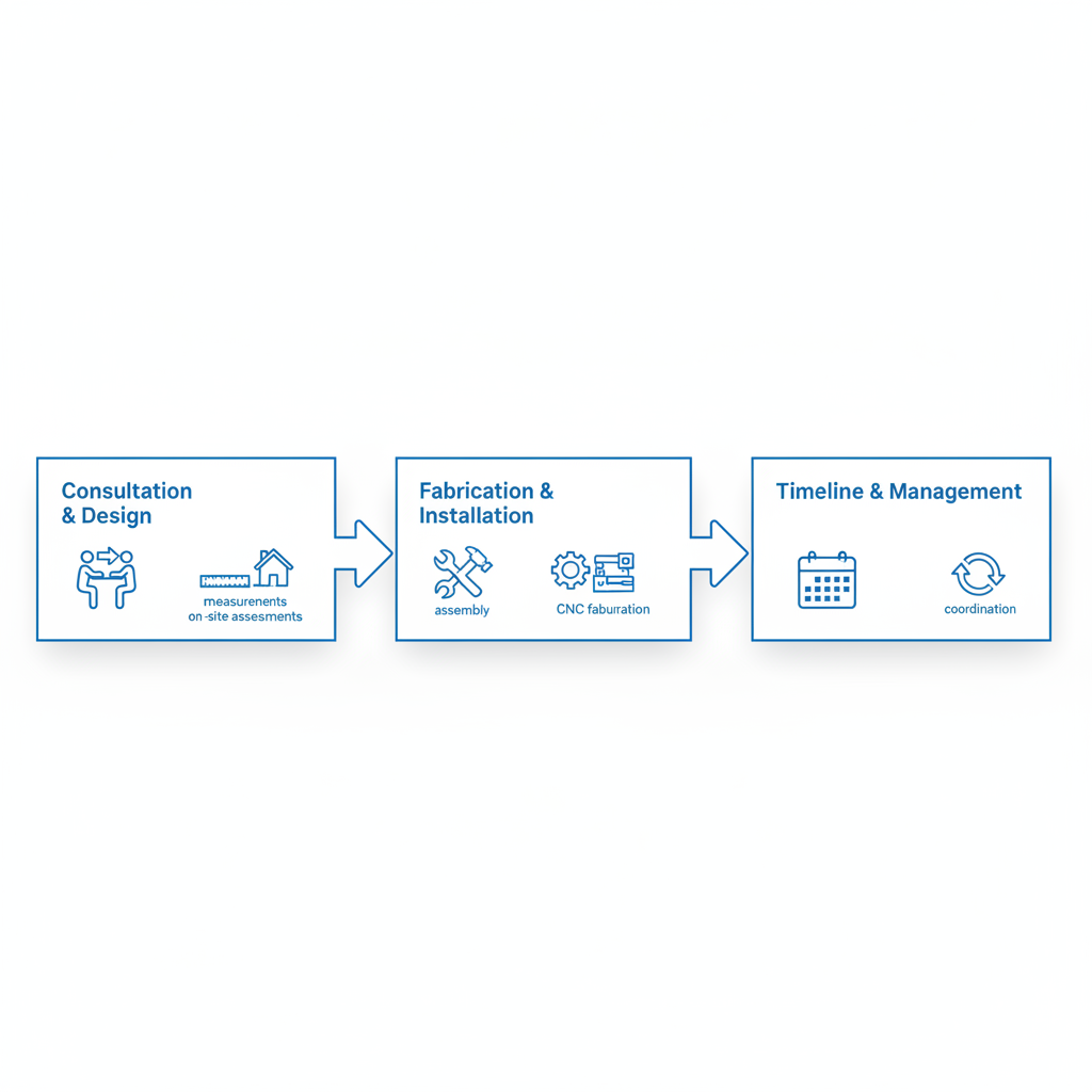 Horizontal process flow diagram illustrating the three key stages of custom cabinetry from consultation to project management