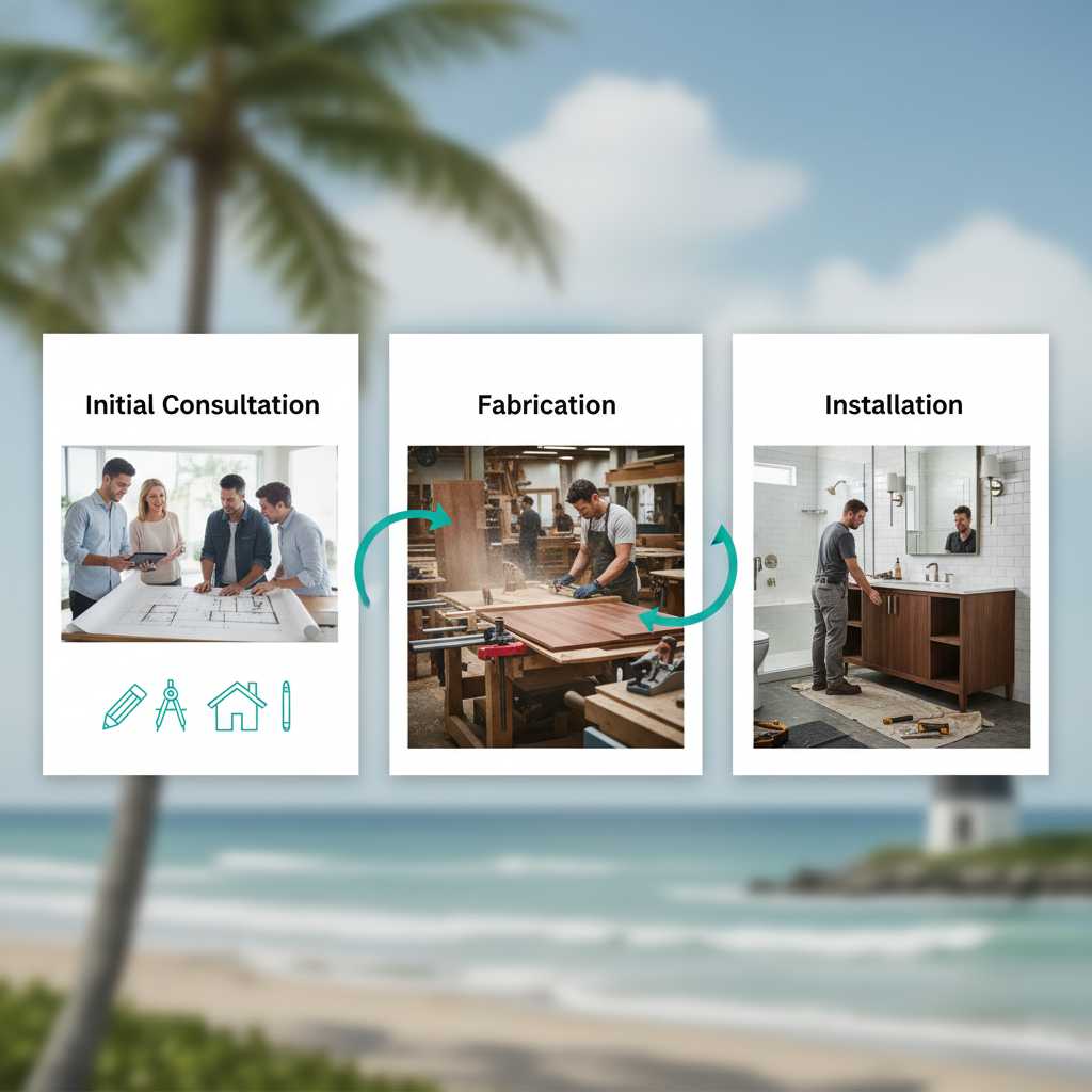 Horizontal process flow diagram illustrating the custom bathroom cabinet process from consultation to installation in West Palm Beach