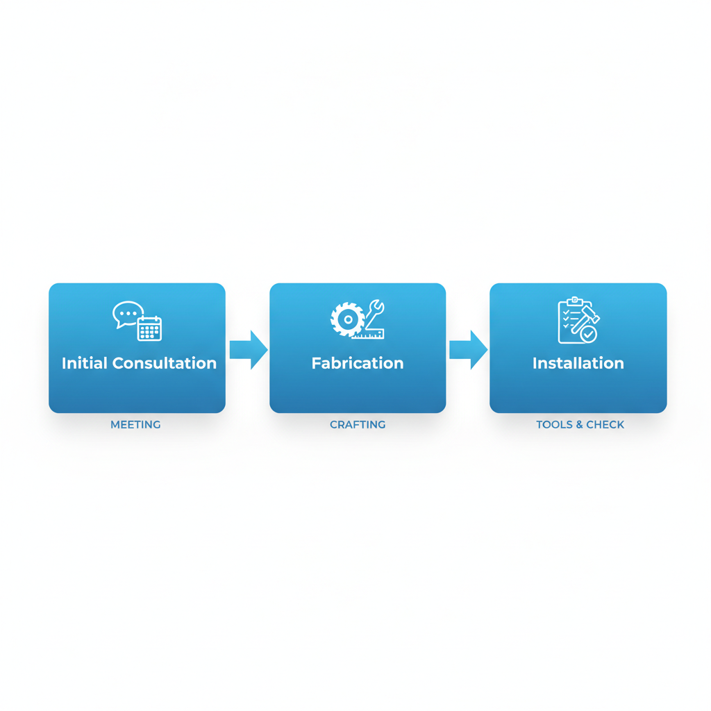 Horizontal process flow diagram illustrating the three main stages of custom closet design and installation: consultation, fabrication, and final setup.