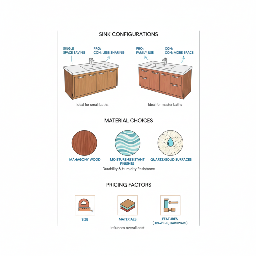 Infographic illustrating types features and pricing of bathroom vanities for humid climates