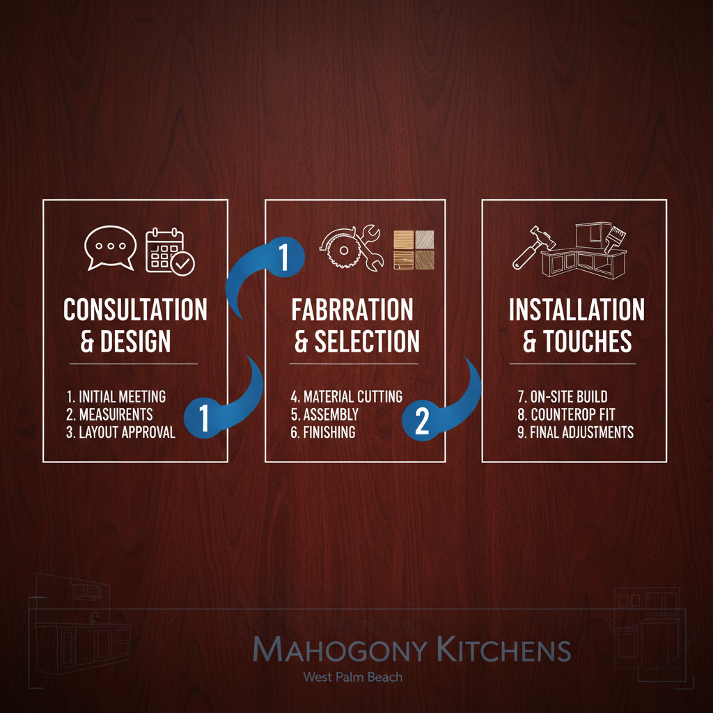 Horizontal process flow diagram showing three stages of custom vanity creation: consultation and design, fabrication and material selection, on-site installation and final touches.