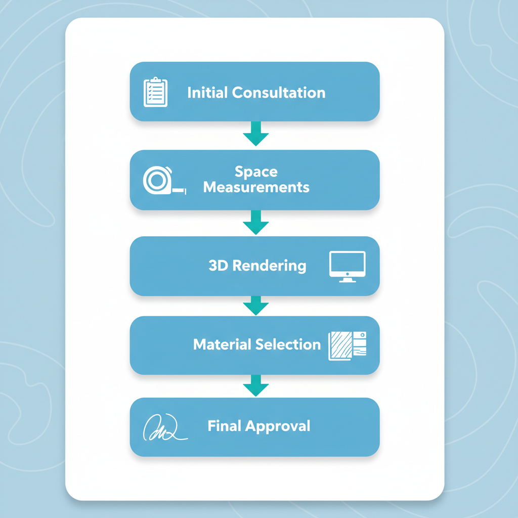 Vertical process flow diagram illustrating the five stages of custom closet design in Palm Beach from consultation to approval.