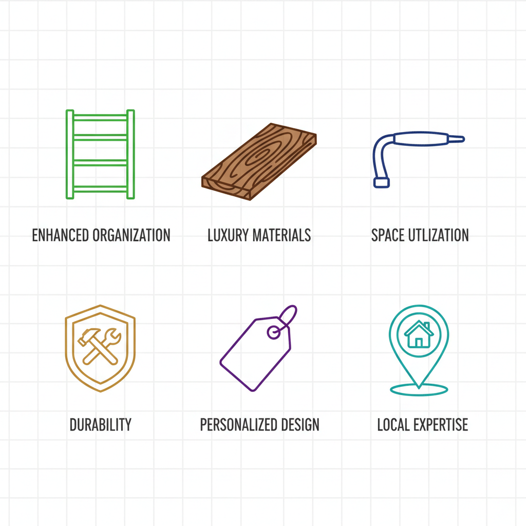 Icon grid illustrating benefits of custom closets including organization, luxury materials, space use, durability, personalization, and local expertise.