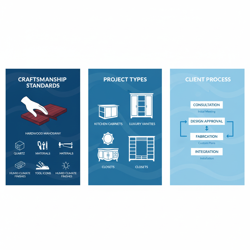 Infographic highlighting craftsmanship, project types, and client collaboration in Palm Beach cabinet making
