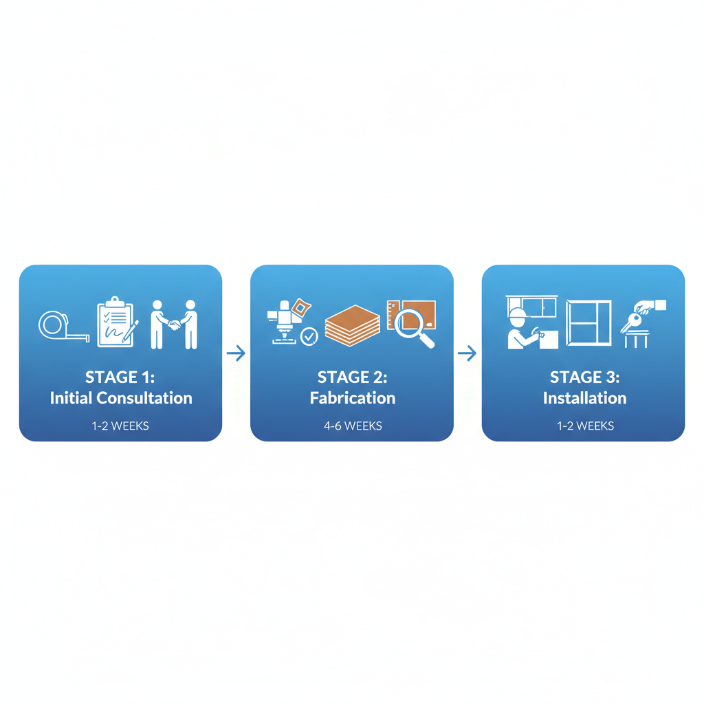 Horizontal process flow diagram showing three stages of custom cabinetry: consultation with design icons, fabrication with tools and materials, installation with on-site work and timelines