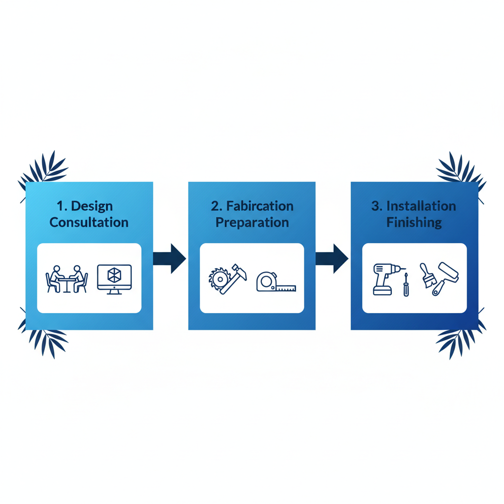 Horizontal process flow diagram illustrating the three key phases of custom bathroom cabinet installation: design consultation, fabrication preparation, and installation finishing with icons and subtle Florida accents.