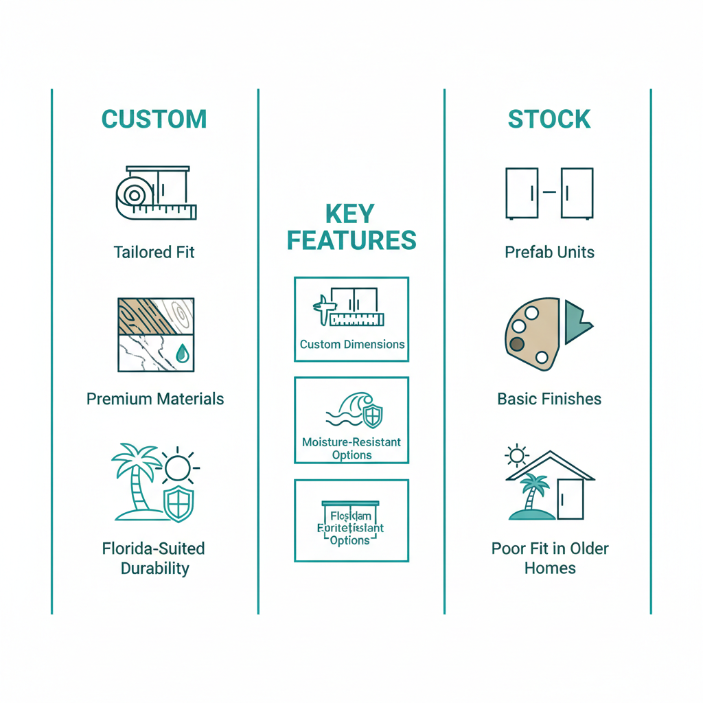 Infographic comparing custom and stock bathroom cabinets, illustrating pros, cons, and key features for humid environments