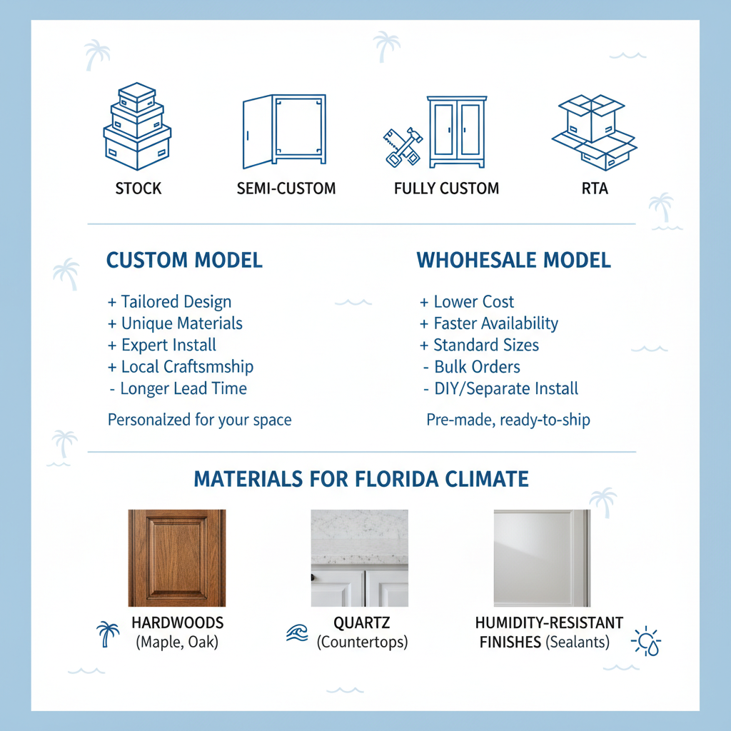 Infographic illustrating types, comparisons, and materials for cabinet options in West Palm Beach