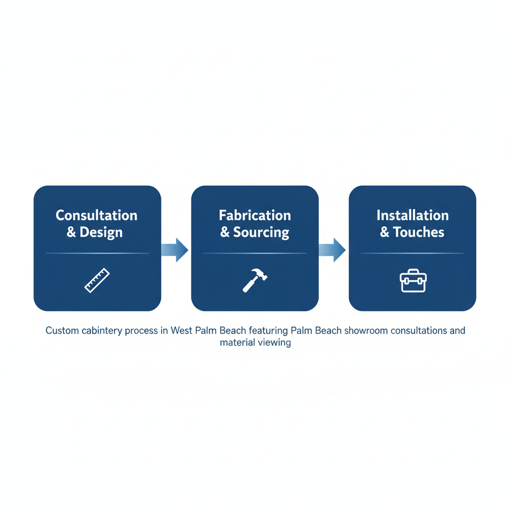 Horizontal process flow diagram of custom cabinetry phases: consultation and design, fabrication and sourcing, installation and final touches in West Palm Beach