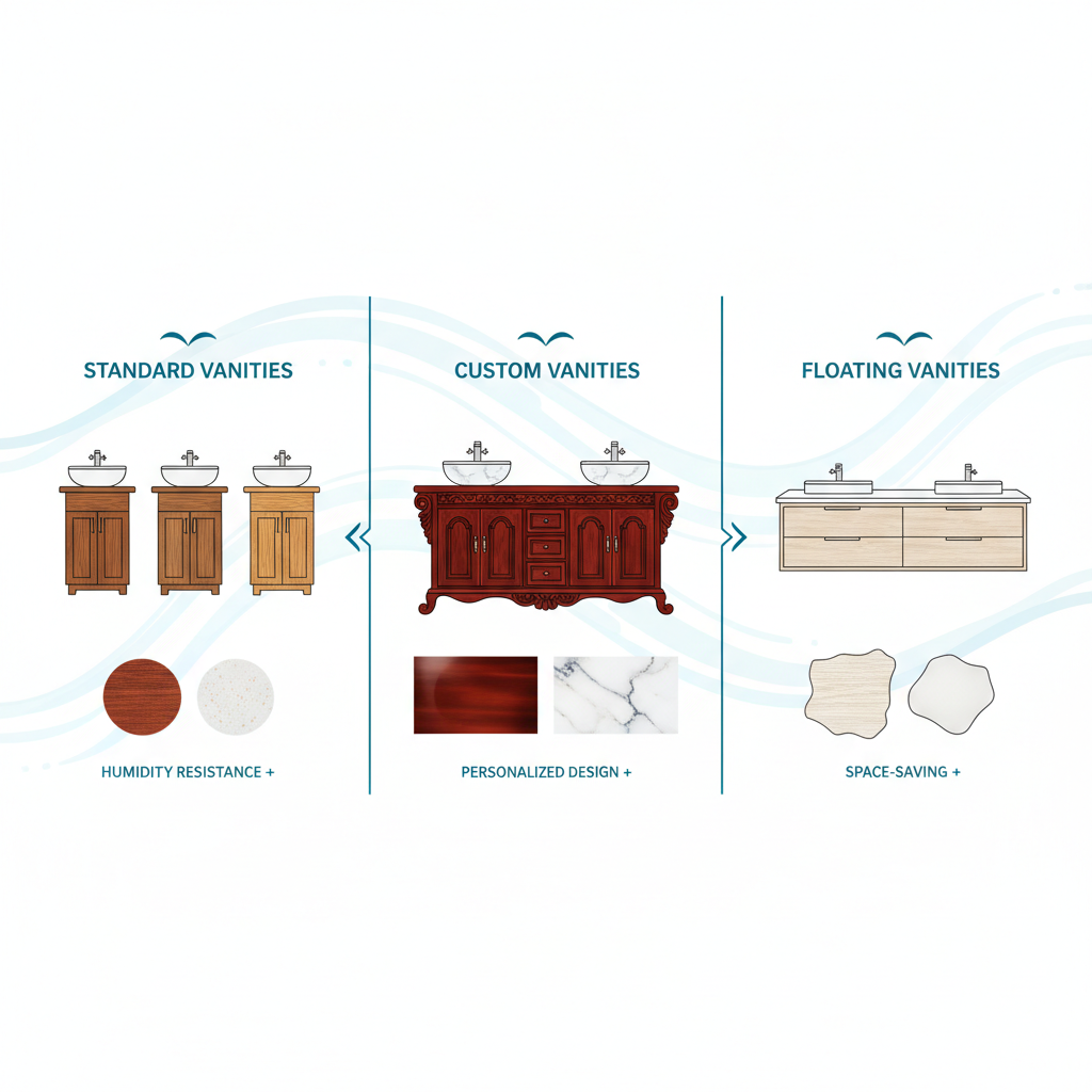 Infographic illustrating standard, custom, and floating bathroom vanity options with materials for South Florida homes
