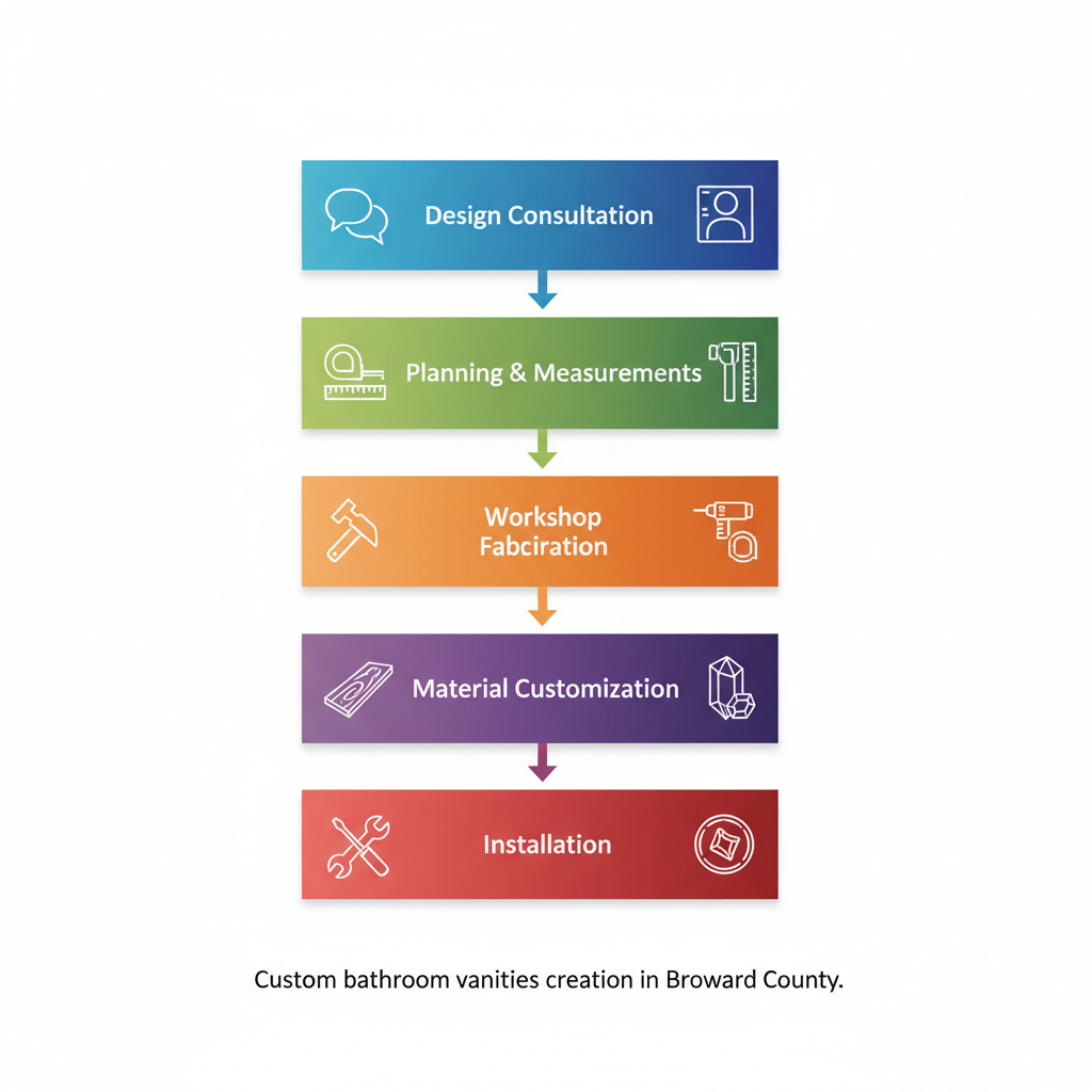 Vertical process flow diagram showing five stages of custom bathroom vanity creation in Broward County