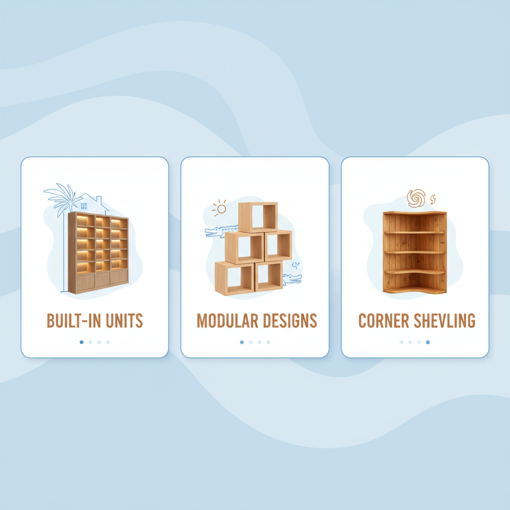 Infographic depicting three types of custom bookshelves: built-in wall units, freestanding modular, and corner shelving for West Palm Beach residences