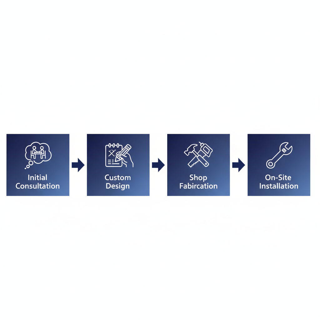 Horizontal process flow diagram showing four stages of creating custom bookshelves: consultation with meeting icon, design with sketchpad icon, fabrication with tools icon, and installation with wrench icon.