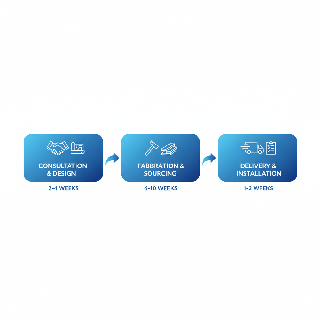 Horizontal process flow diagram showing three stages of custom cabinet distribution: consultation, fabrication, and delivery installation.
