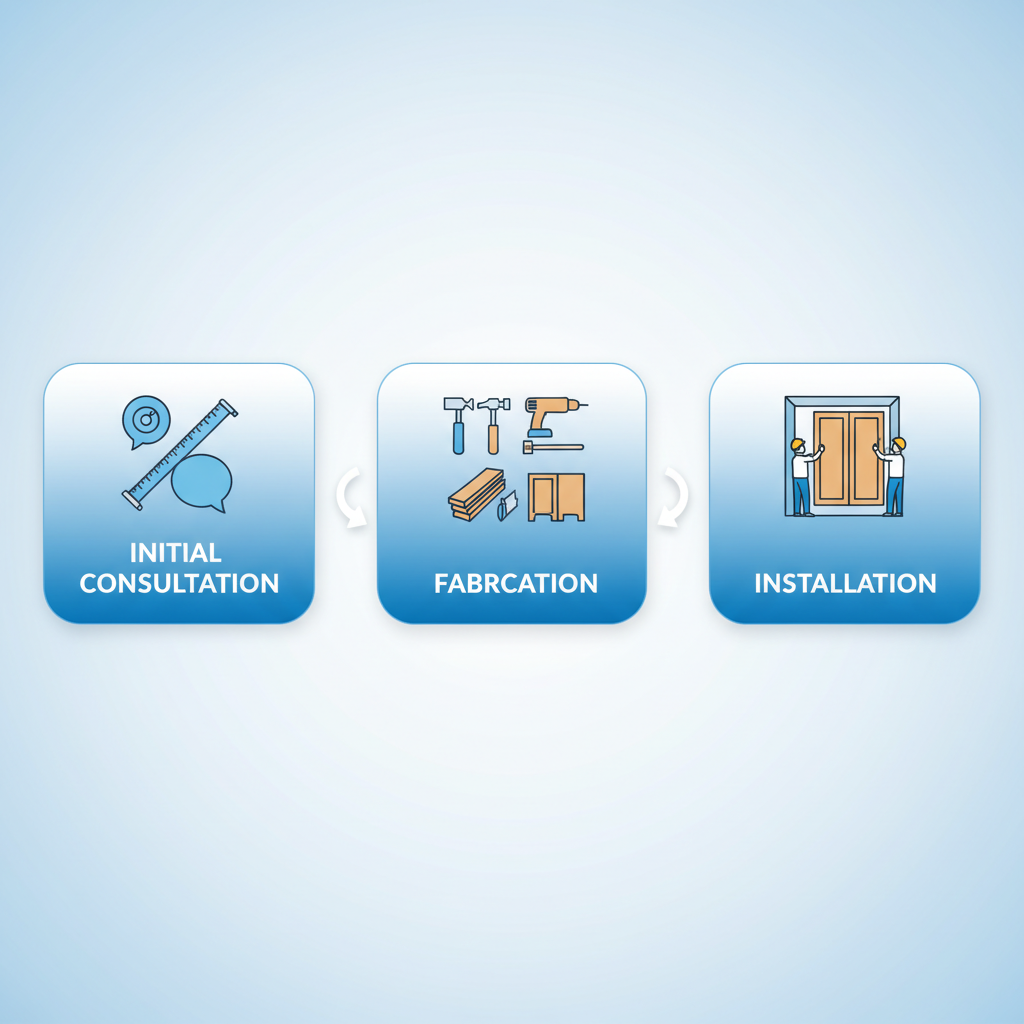 Horizontal process flow diagram showing three stages of custom bathroom cabinetry creation: initial consultation, fabrication, and installation with relevant icons.