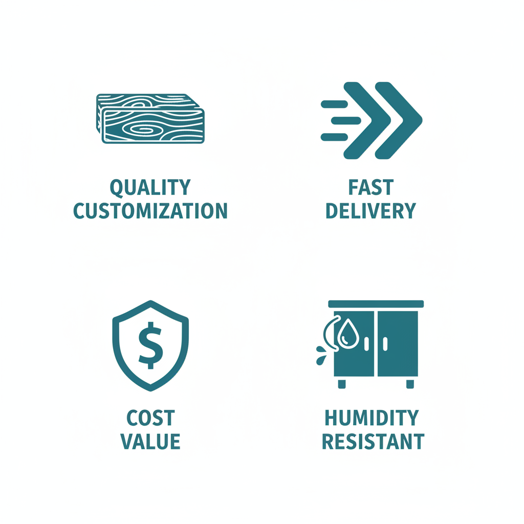 Four icons illustrating benefits of local cabinet distributors: quality wood, efficient delivery, cost value shield, humidity resistant cabinet.
