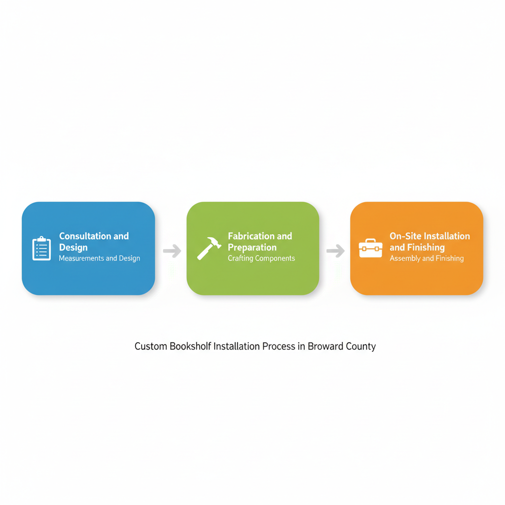 Horizontal process flow diagram illustrating three phases of custom bookshelf installation: consultation with design, fabrication and preparation, and on-site installation and finishing.