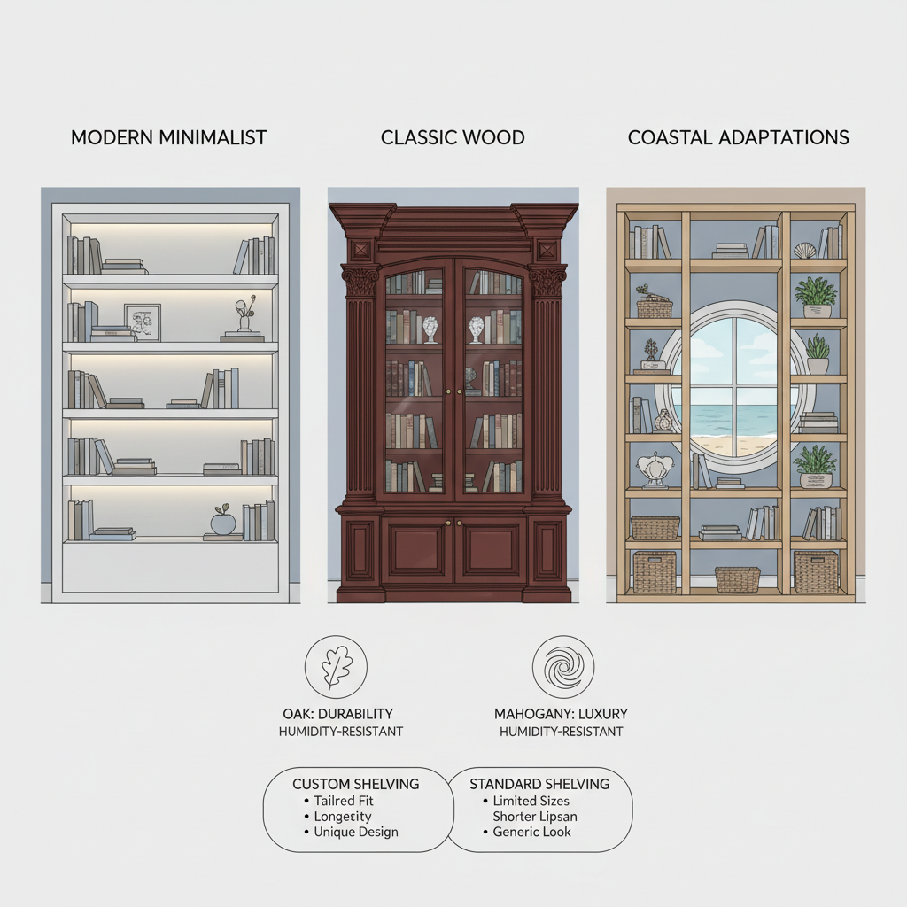 Infographic showing design styles and materials for custom bookshelves including modern minimalist, classic wood, coastal options, material icons for oak and mahogany, and comparison to standard shelving.