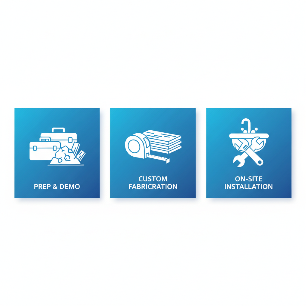 Horizontal process flow diagram illustrating three stages of custom bathroom vanity installation: preparation, fabrication, and on-site finishing.
