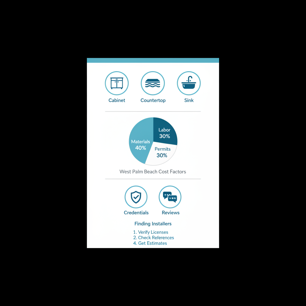 Infographic showing key components, cost breakdown, and tips for bathroom vanity installation in Palm Beach