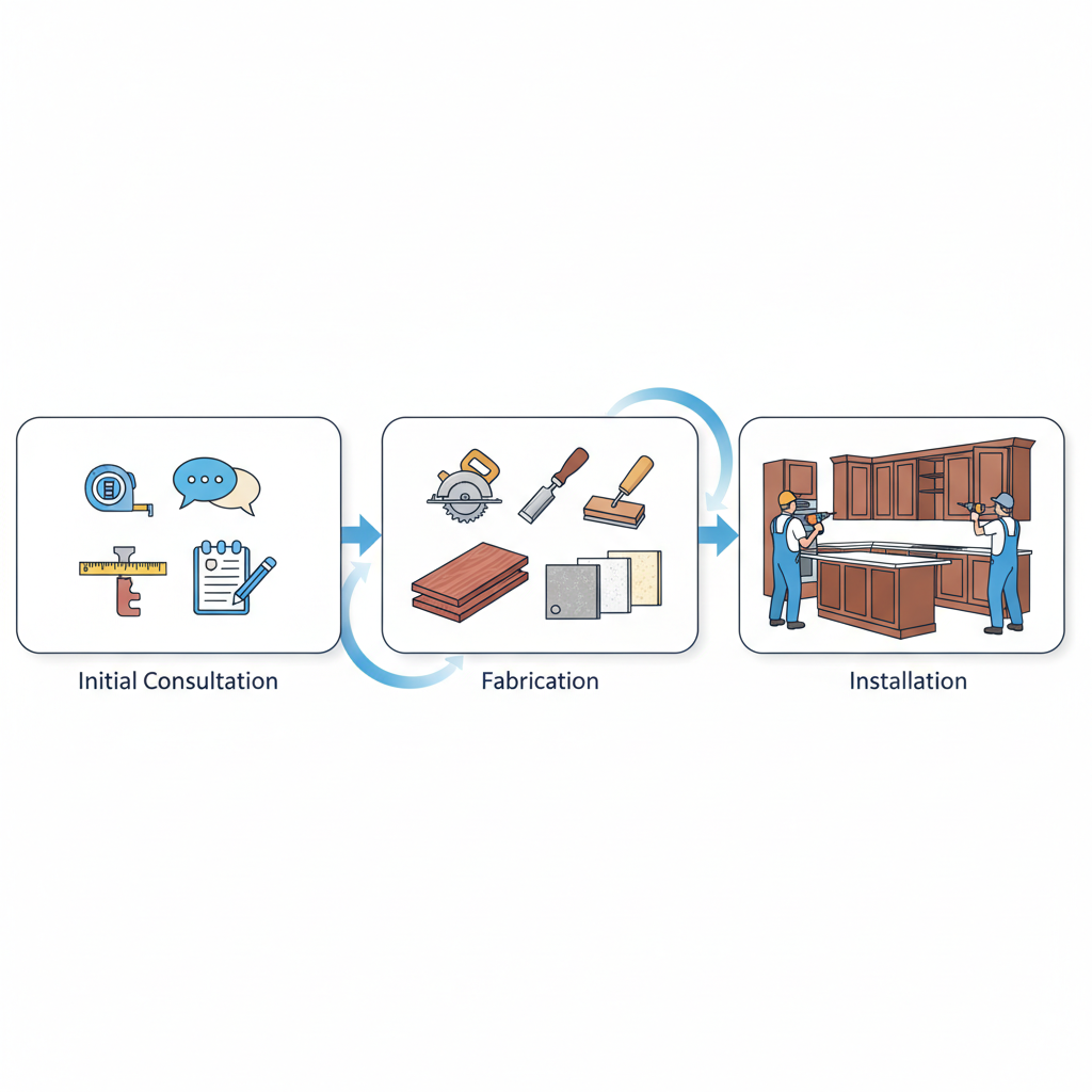 Horizontal process flow diagram illustrating three stages of custom wall unit creation and installation.