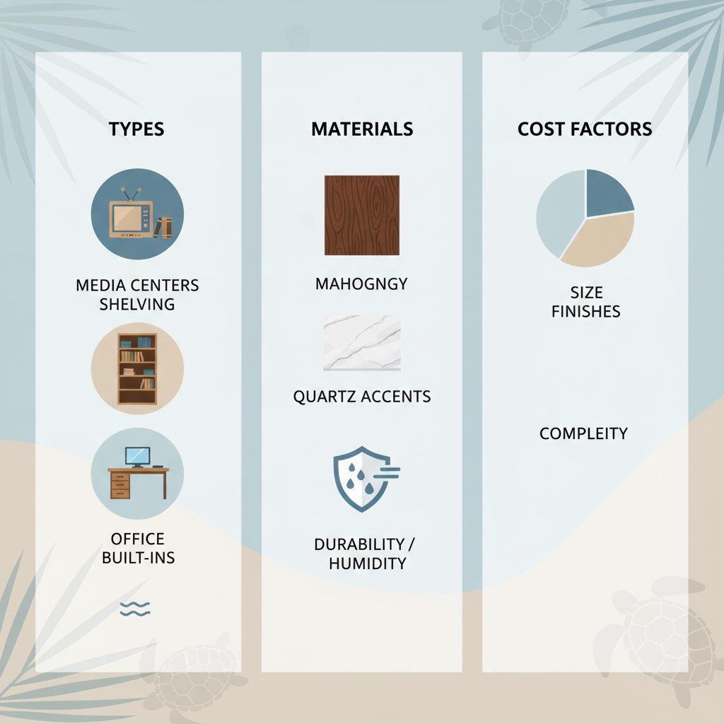 Infographic showing types, materials, and cost factors of custom wall units in Palm Beach