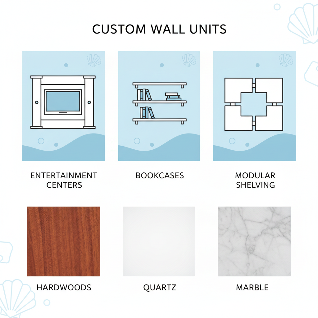 Infographic illustrating types of custom wall units and material options suitable for Palm Beach County residences