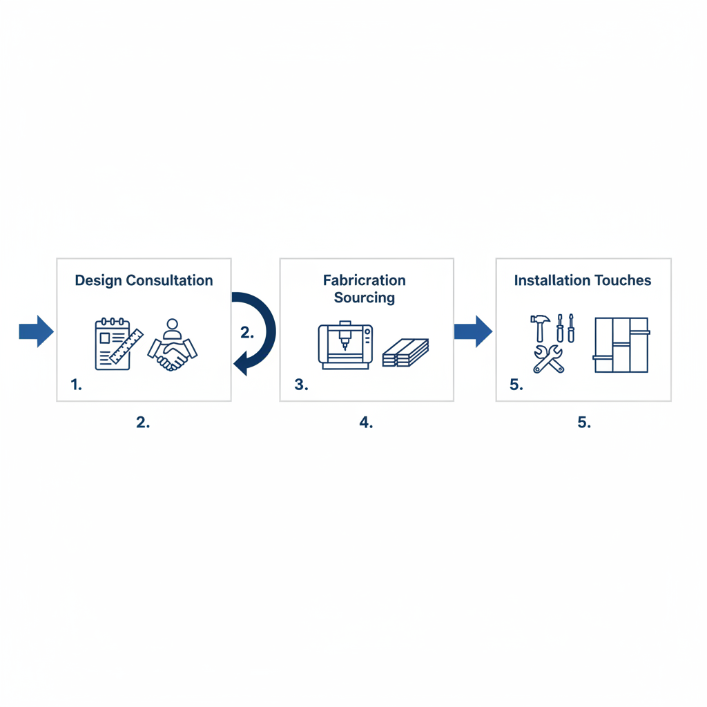 Horizontal process flow diagram illustrating the creation of custom wall units through design, fabrication, and installation stages