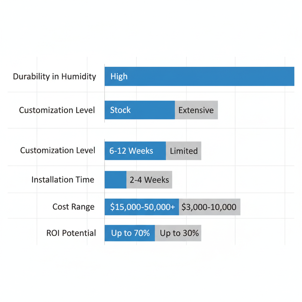 Horizontal bar chart comparing custom and stock bathroom remodeling aspects like durability, cost, and ROI for Mahogany Kitchens in Broward County