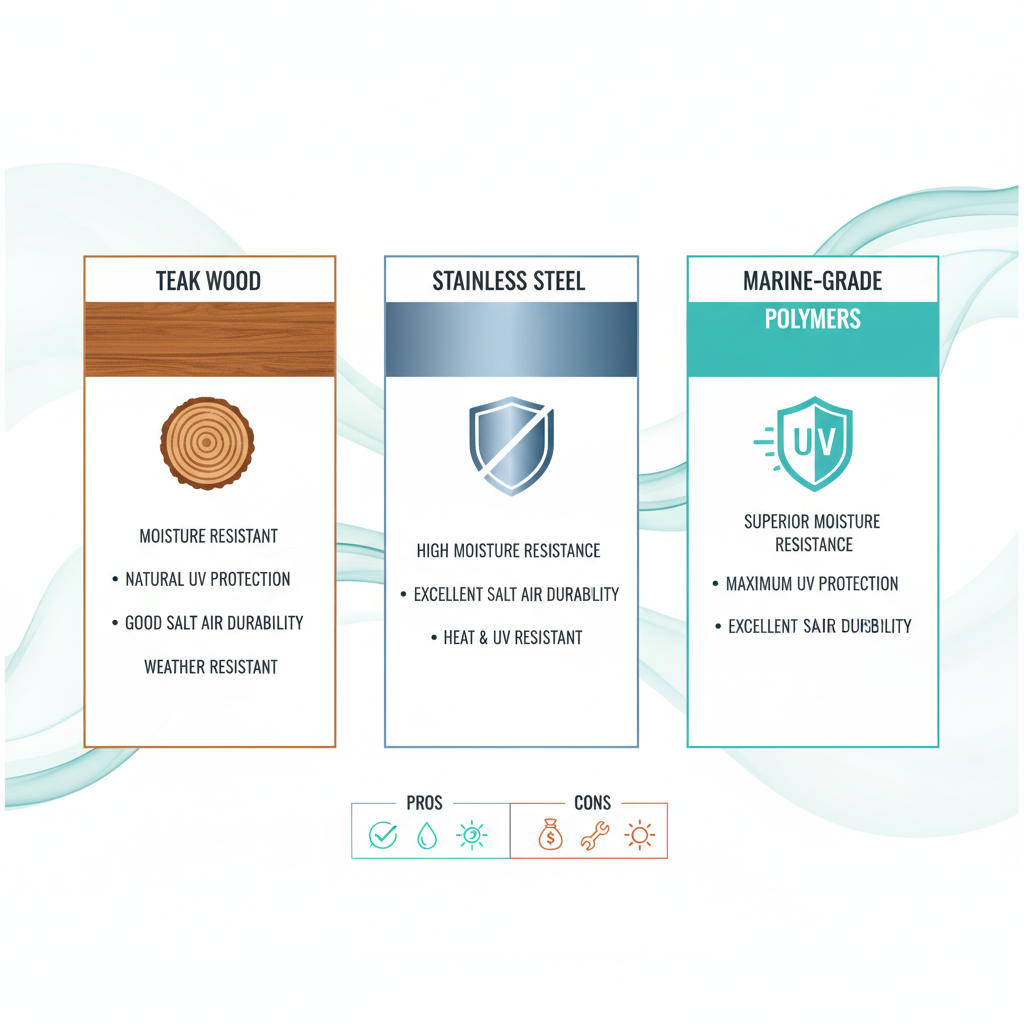 Infographic illustrating teak wood, stainless steel, and marine-grade polymers for durable outdoor kitchen cabinets in South Florida, with properties like moisture resistance and UV protection.