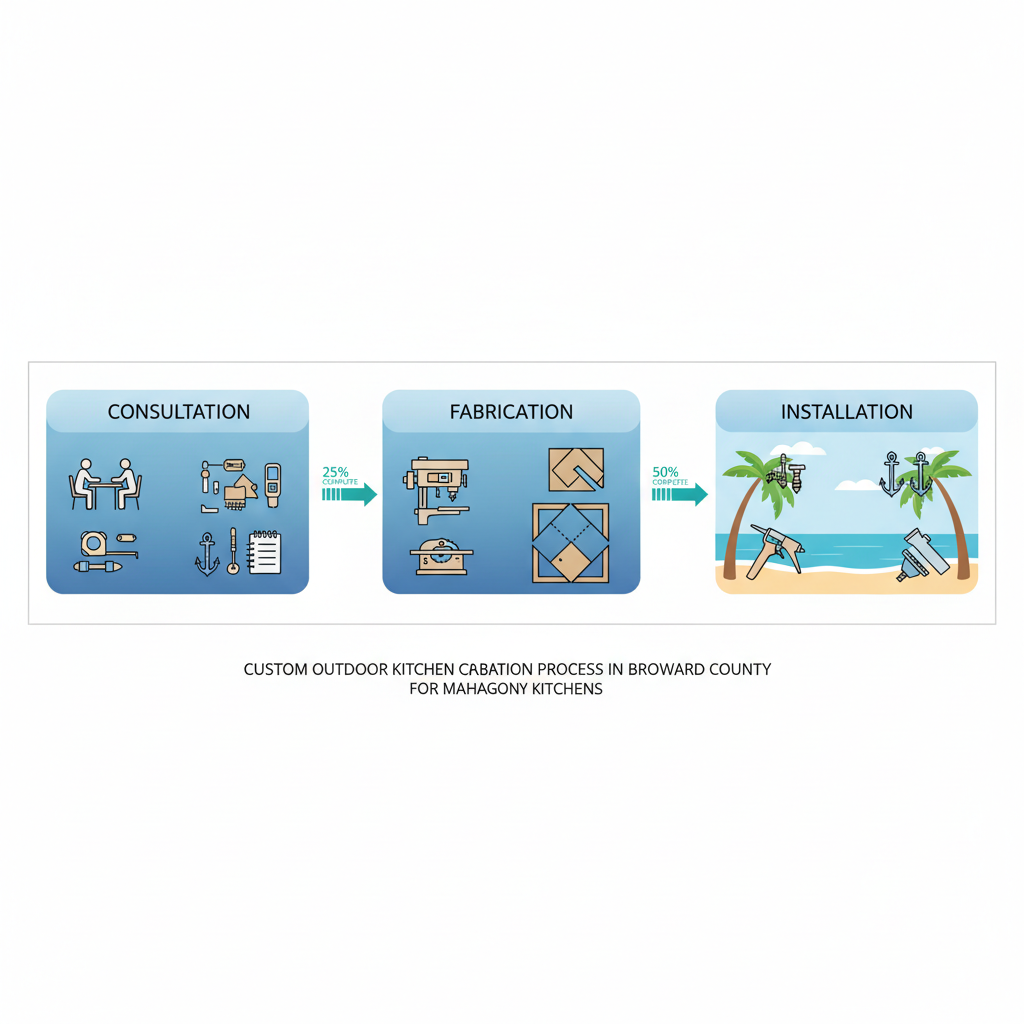 Horizontal process flow diagram illustrating the three phases of outdoor kitchen cabinet creation: consultation, fabrication, and installation.