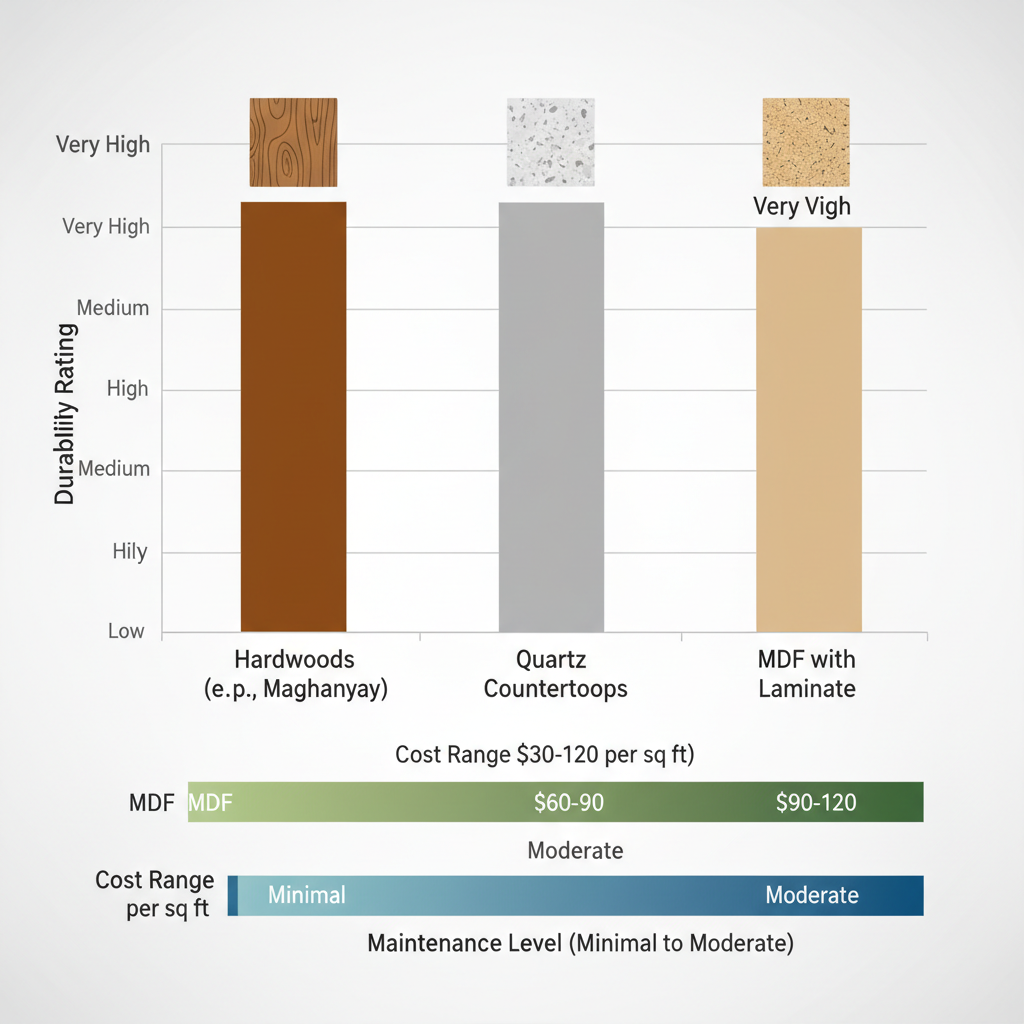 Bar chart comparing durability, cost, and maintenance of hardwoods, quartz, and MDF bathroom cabinet materials for South Florida humid climates