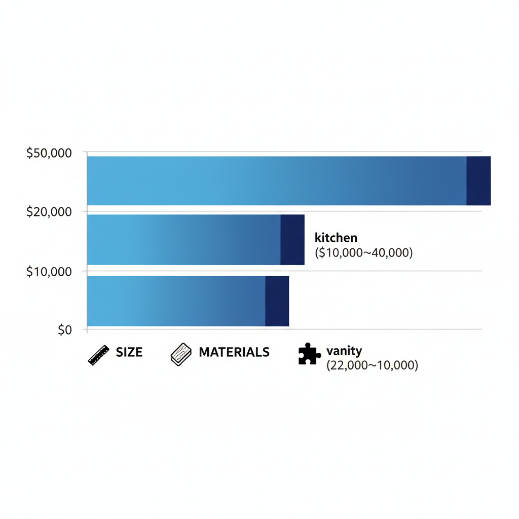 Horizontal bar chart illustrating cost factors for custom cabinetry including size, materials, and complexity with example ranges for kitchens and vanities in Broward County