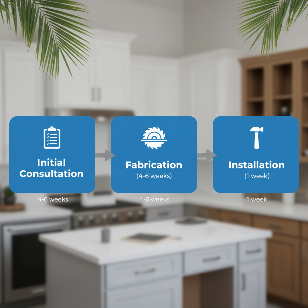 Horizontal process flow diagram illustrating the three stages of custom cabinetry: consultation, fabrication, and installation.