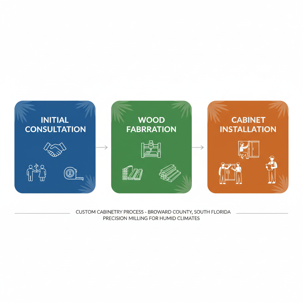 Horizontal process flow diagram illustrating the three key stages of custom cabinetry creation: initial consultation, fabrication, and installation with Florida-themed accents.