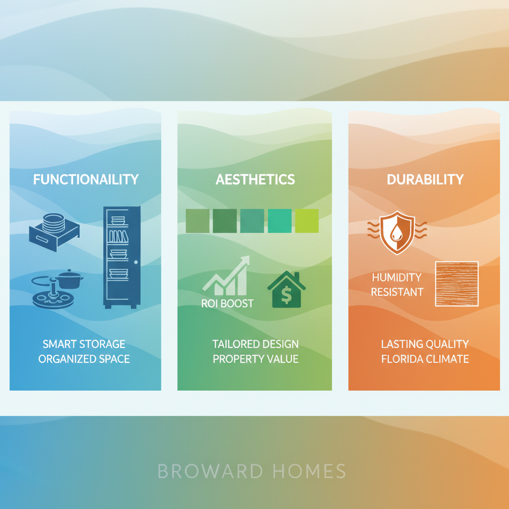 Infographic illustrating functionality, aesthetics, and durability benefits of custom cabinets for Broward residences