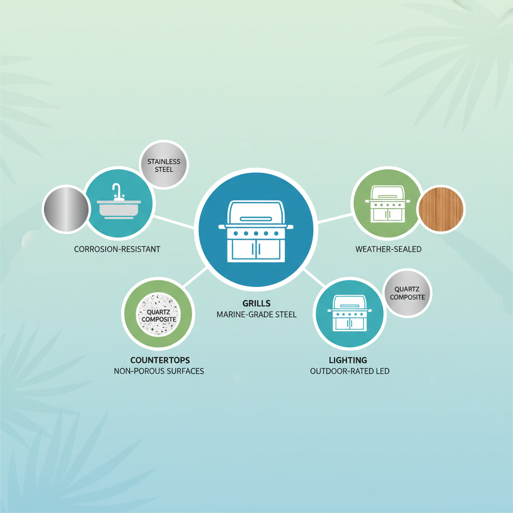 Infographic depicting essential components of custom outdoor kitchens for Broward County, including grills, sinks, cabinets, countertops, and lighting with weather-resistant features