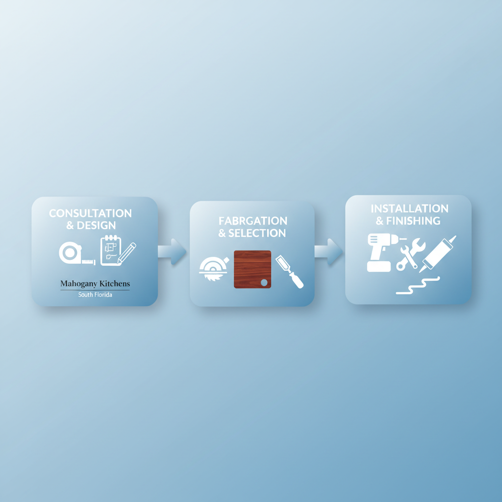 Horizontal process flow diagram illustrating the three stages of custom bathroom cabinet installation: consultation, fabrication, and on-site finishing.