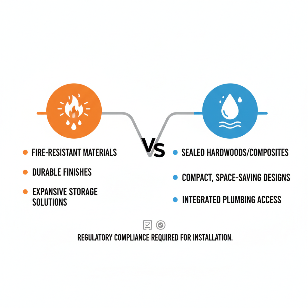 Infographic comparing differences between kitchen and bathroom cabinets in humid coastal areas, featuring icons and bullet points on materials and designs.