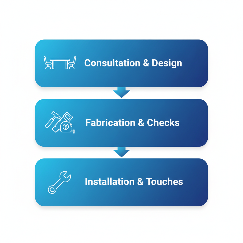 Vertical process flow diagram illustrating the three stages of custom vanity creation: consultation and design, fabrication and quality checks, installation and final touches