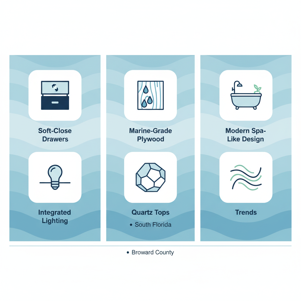 Infographic illustrating key features, suitable materials, and local trends for custom bathroom vanities in Broward County, South Florida