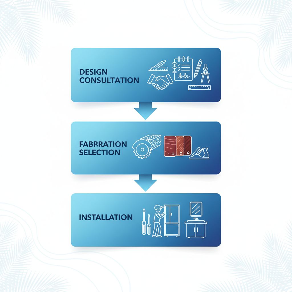 Visual process flow diagram of the three main stages in creating custom bathroom cabinets