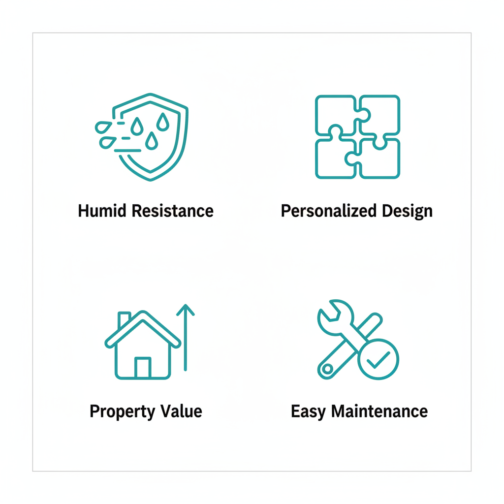 2x2 grid of icons illustrating benefits of custom bathroom cabinetry: humidity resistance, personalization, property value increase, and easy maintenance.