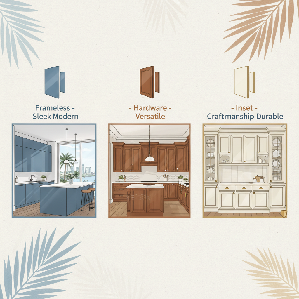 Infographic comparing frameless, framed, and inset custom cabinet options for Broward County residences with icons and key features.