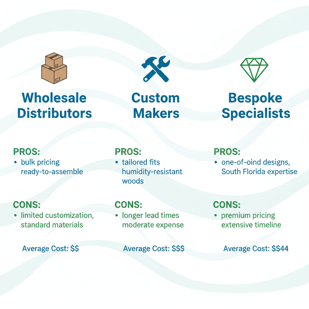 Infographic comparing wholesale, custom, and bespoke cabinet suppliers in Broward County with icons, pros, cons, and costs.